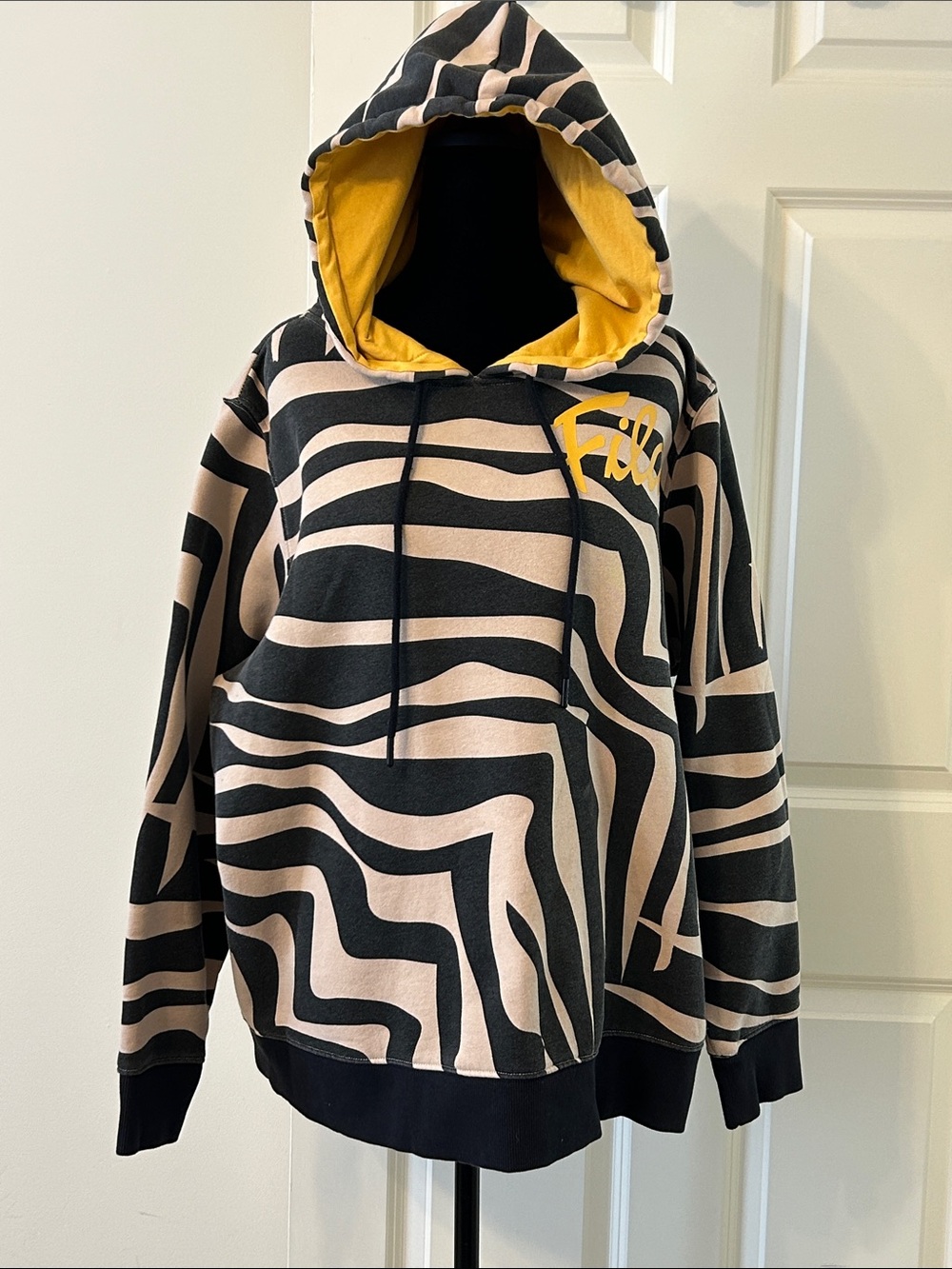 Fila Black and Beige Zebra-Print Hoodie with Gold Lined Hood & Logo